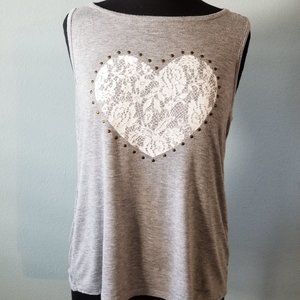 Gray tank with lace heart applique and lace back